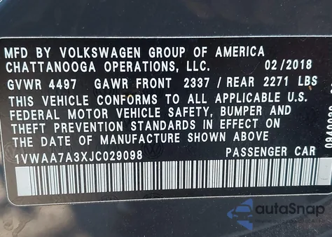 2018 Volkswagen Passat 2.0T R-Line/2.0T S from USA, damaged, VIN 1VWAA7A3XJC029098